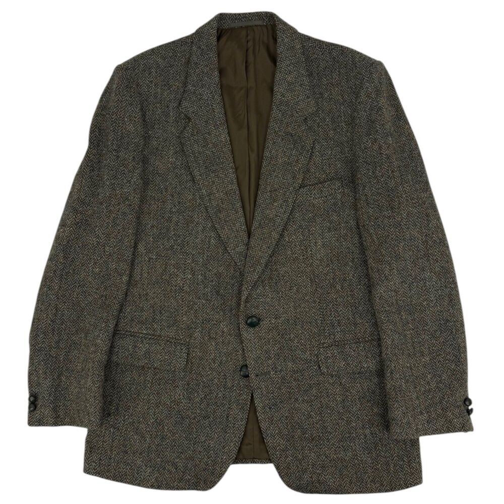 VTG 80s Kinglynne Harris Tweed Blazer Olive Herringbone Wool Sport Coat 44R